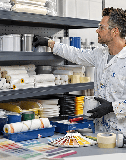 Worker selecting industrial and paint supplies in a warehouse